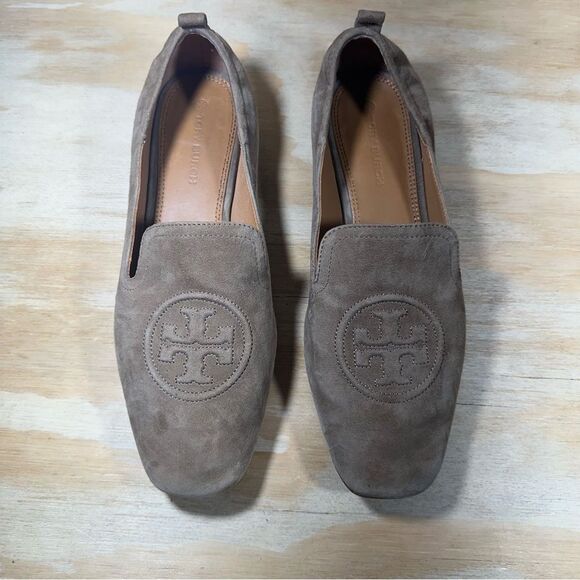 Tory Burch Taupe Suede Loafers with Embroidered Logo Women’s Size 10 - Picture 2 of 8